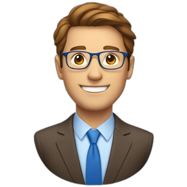 smiling man in blue suit, brown hair, transparent glass frame emoji