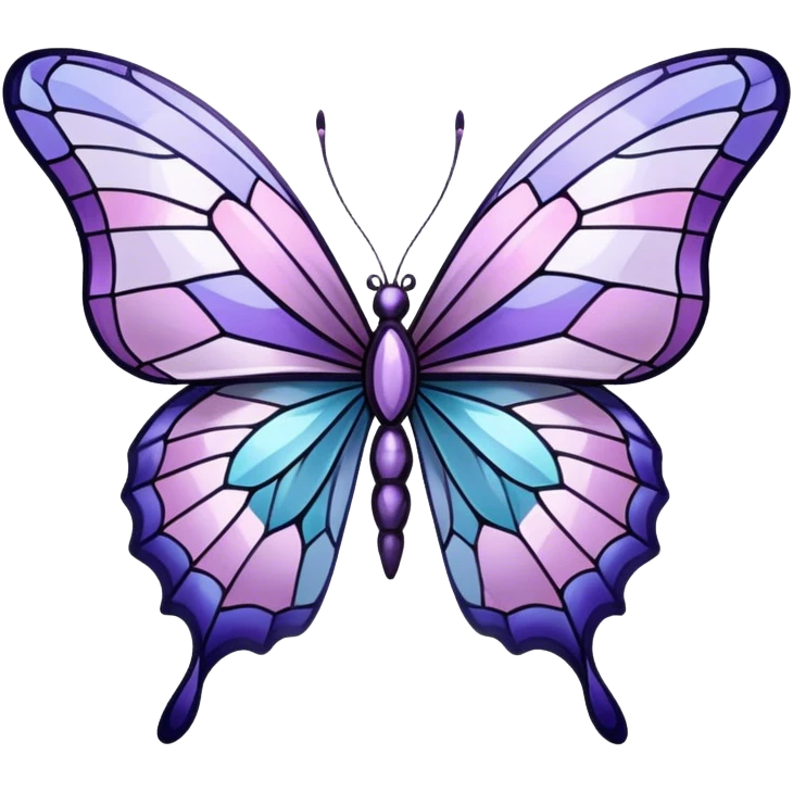 a stunningly detailed butterfly with lilac and ice-purple wings, adorned with an elegant mosaic-like pattern resembling stained glass. The wings should display a harmonious blend of swirling and geometric designs, giving them a mystical and artistic feel. The butterfly should have a graceful, elongated body with a subtle metallic sheen, enhancing its enchanting presence. emoji