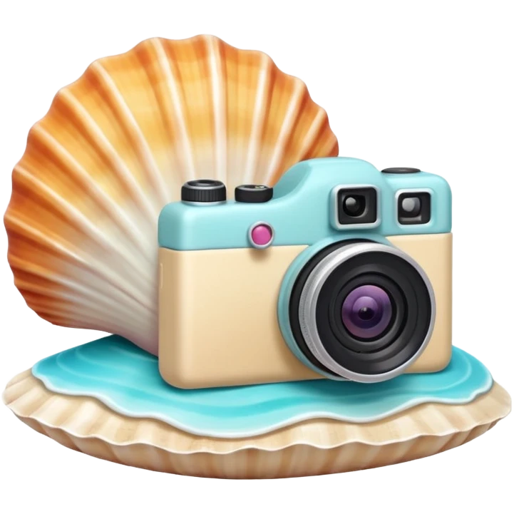 A seashell with a tiny camera next to it, symbolizing capturing beach memories. Playful, modern emoji style, soft pastel colors, white background. emoji