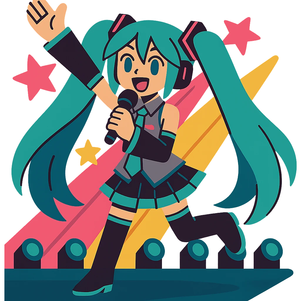 Hatsune Miku, performing on stage, energetic, teal hair, digital pop star emoji