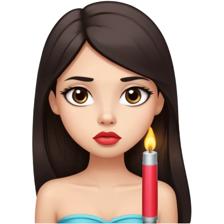 girl with lighter skin, dark brown long straight hair, pouty shiny lips without cupid's bow, large eyes, lighter button nose, long oval-shaped face, wearing a bandeau top emoji