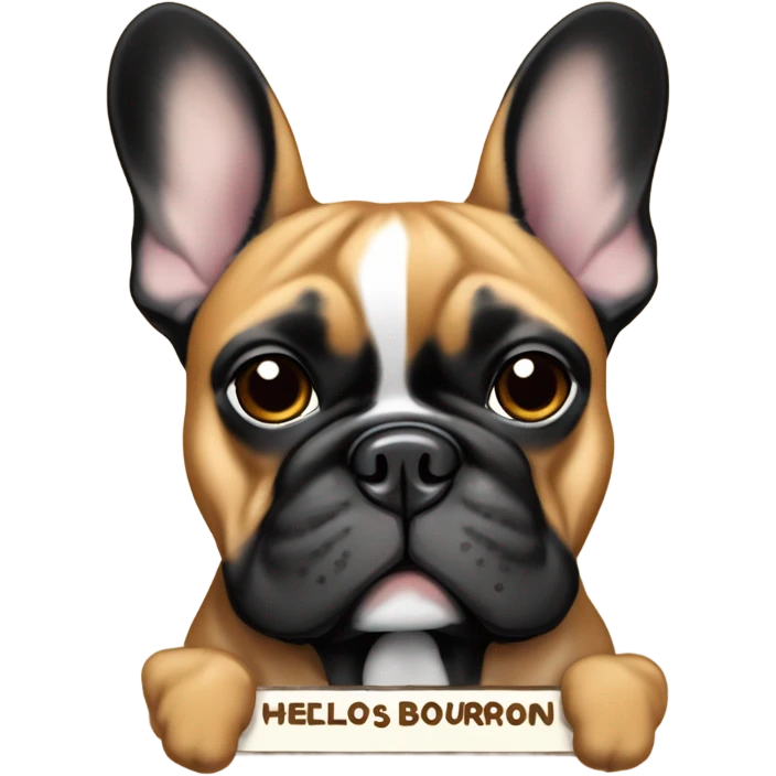 Black and Carmel colored french bulldog with a work name tag that says hello my name is bourbon  emoji