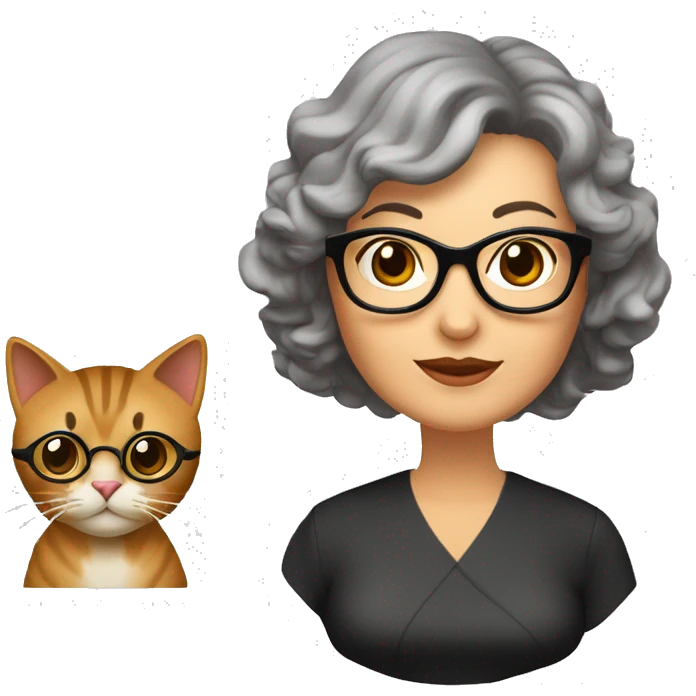 señora de mediana edad con pelo castaño con canas rizado corto y gafas de ojo de gato emoji