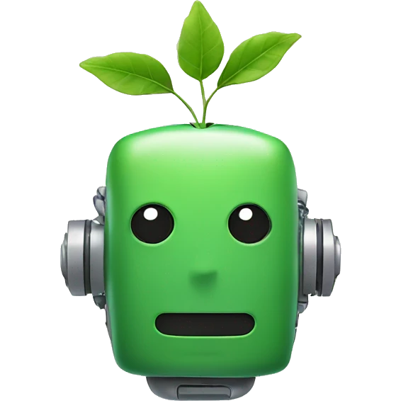 a green friend smiling robot with a leaf sticking at out of the top of his head emoji