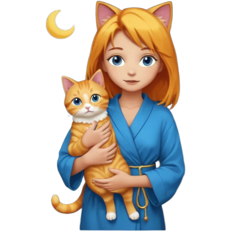 lightly tanned skin, blue eyes, cute and sexy girl with bright yellow-brown hair in a dark sky pallete robe, golden rings, slight cute makeup, full body, slightly turned aside pose, holding a cat in hands emoji