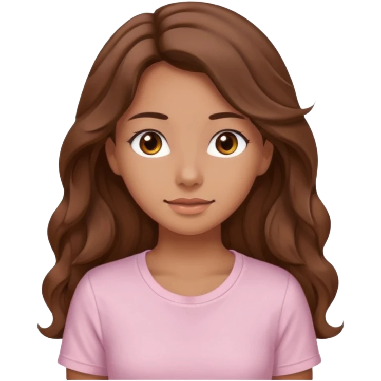 A pretty girl with tan skin and long brown wavy hair, wearing a very light pink basic shirt with brown eyes emoji