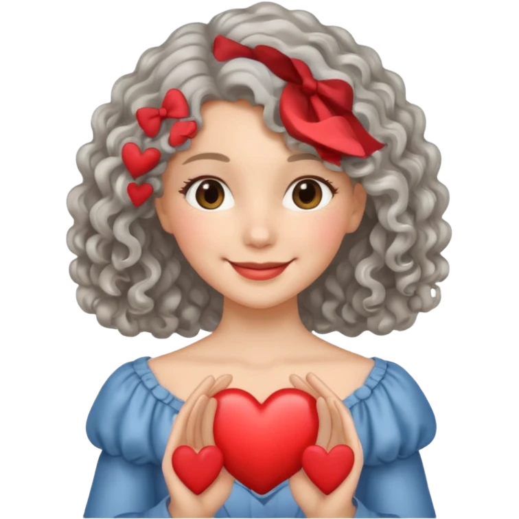 silvery curly/wavy shoulder-length hair smiling lady holding a heart emoji
