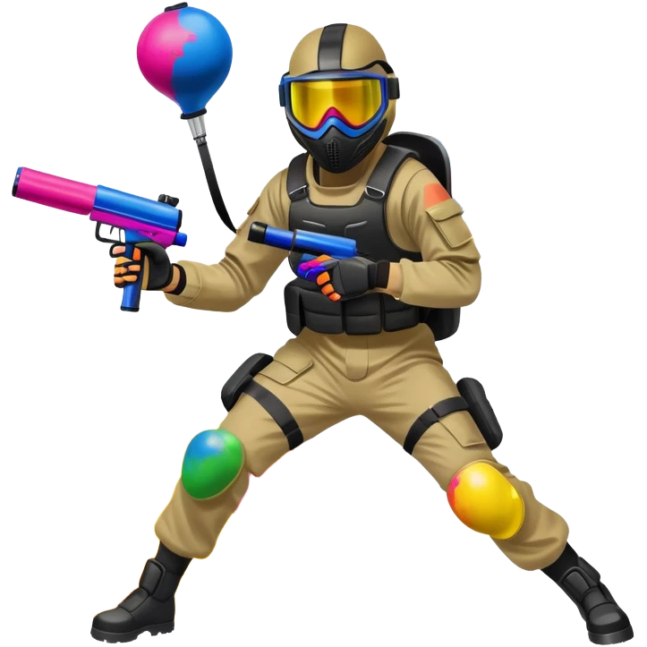 A dynamic scene of a player in action, holding a paintball gun and wearing protective gear. The background shows a vibrant paintball field with obstacles, colorful splatters of paint in the air, and an intense, competitive atmosphere. emoji