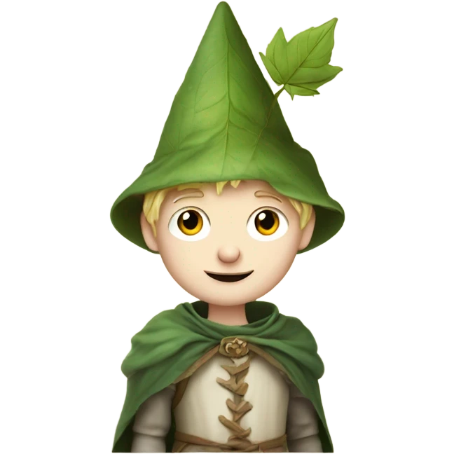 whimsical fairytale medieval pale boy who is tiny and wearing a leaf hat emoji