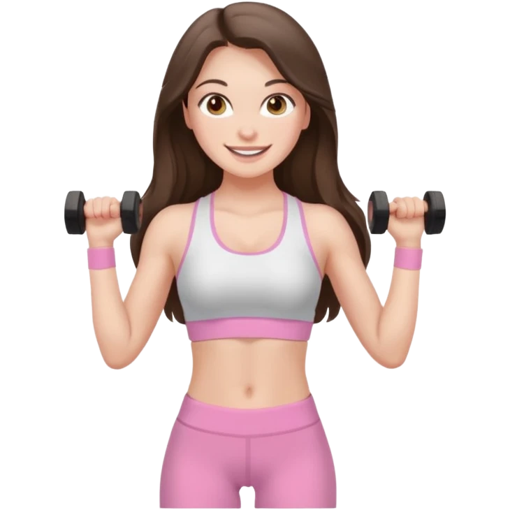 white brunette girl long hair with hazel eyes in light pink workout with small waist emoji