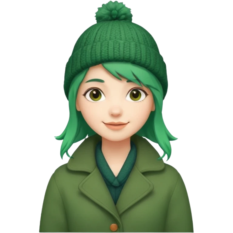 Girl with green hair wearing winter coat and a woolen hat with a relaxed posture and friendly face emoji