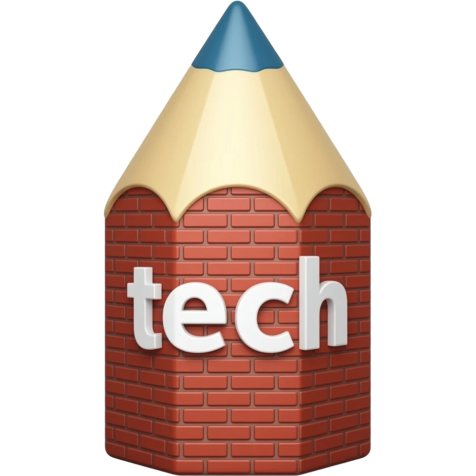 emoji should be a red brick tower in the shape of a pencil with a blue roof and gold tip. Letters in between the brick and roof should read “tech” in white letters. emoji