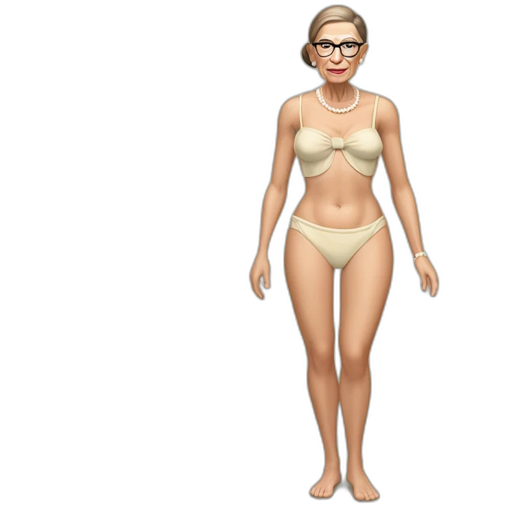 sexy ruth bader ginsburg wearing a string bikini bottoms bare chest (full body, ios17, facing away, looking over shoulder, cream colored bikini) emoji