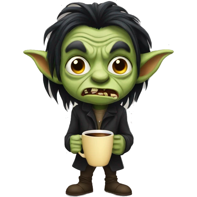 ugly goblin with big nose long black hair holding coffee emoji