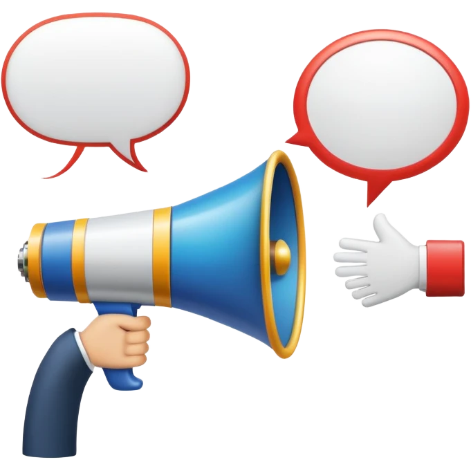 An icon featuring a megaphone, a billboard, and a handshake, symbolizing advertising and public relations. The design includes a speech bubble and media icons, representing communication and brand messaging. Transparent background highlights the influence of PR and marketing strategies. emoji