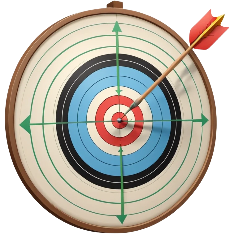 A bow with an arrow drawn back, aimed at a target with concentric rings. The background suggests a calm, outdoor archery range, emphasizing the precision, focus, and skill required in archery as a competitive sport. emoji