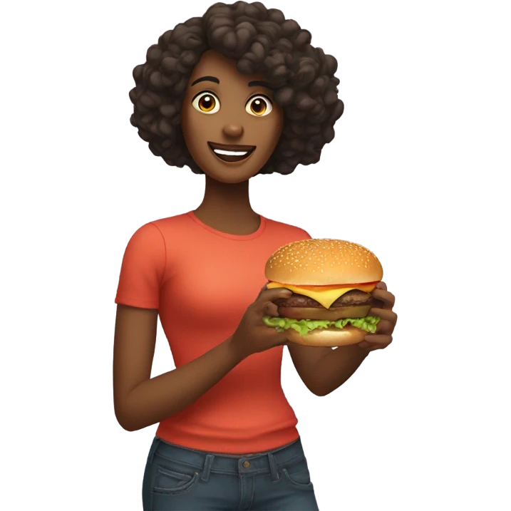 A woman holds a burger in one hand and healthy food in the other emoji