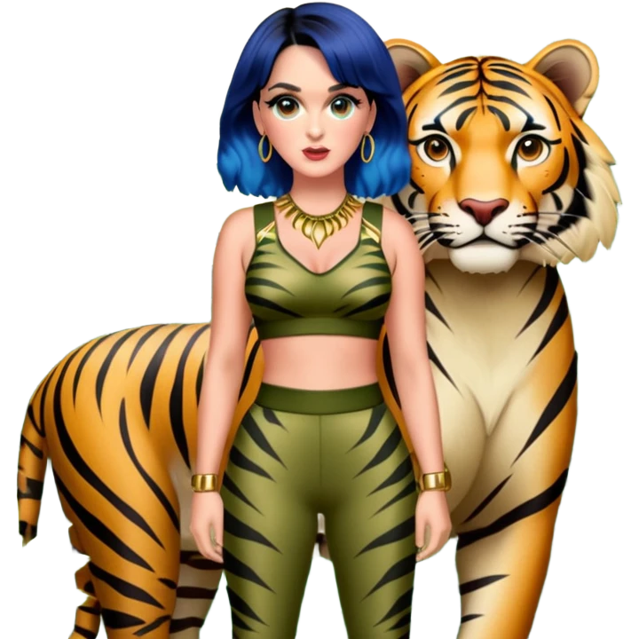 Katy Perry standing confidently with a tiger, 'Roar' music video theme emoji