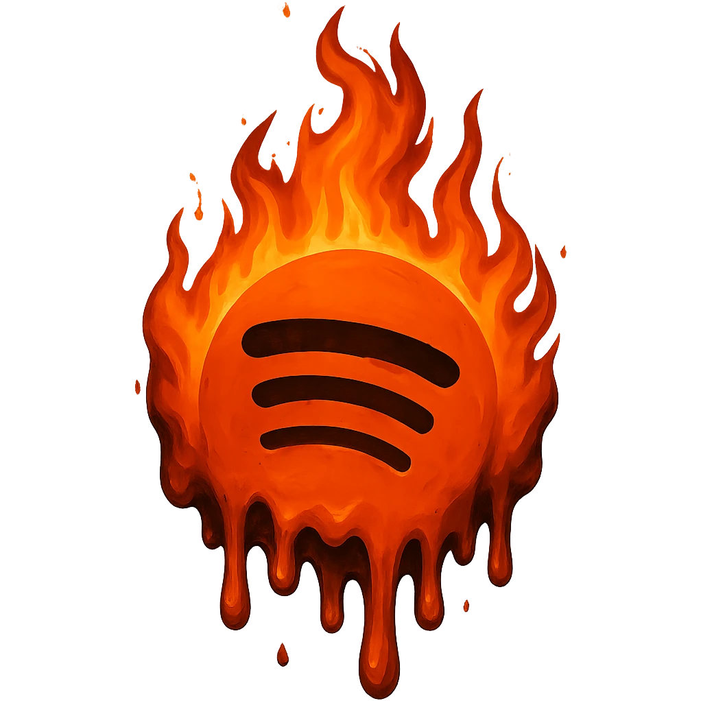 Add a melting effect to the Spotify logo with flames, as if the logo is dripping and partially liquefied. Keep the dramatic fire and bold look. The image should have no background. The style should resemble the original Spotify logo style with a fiery, melting effect. emoji