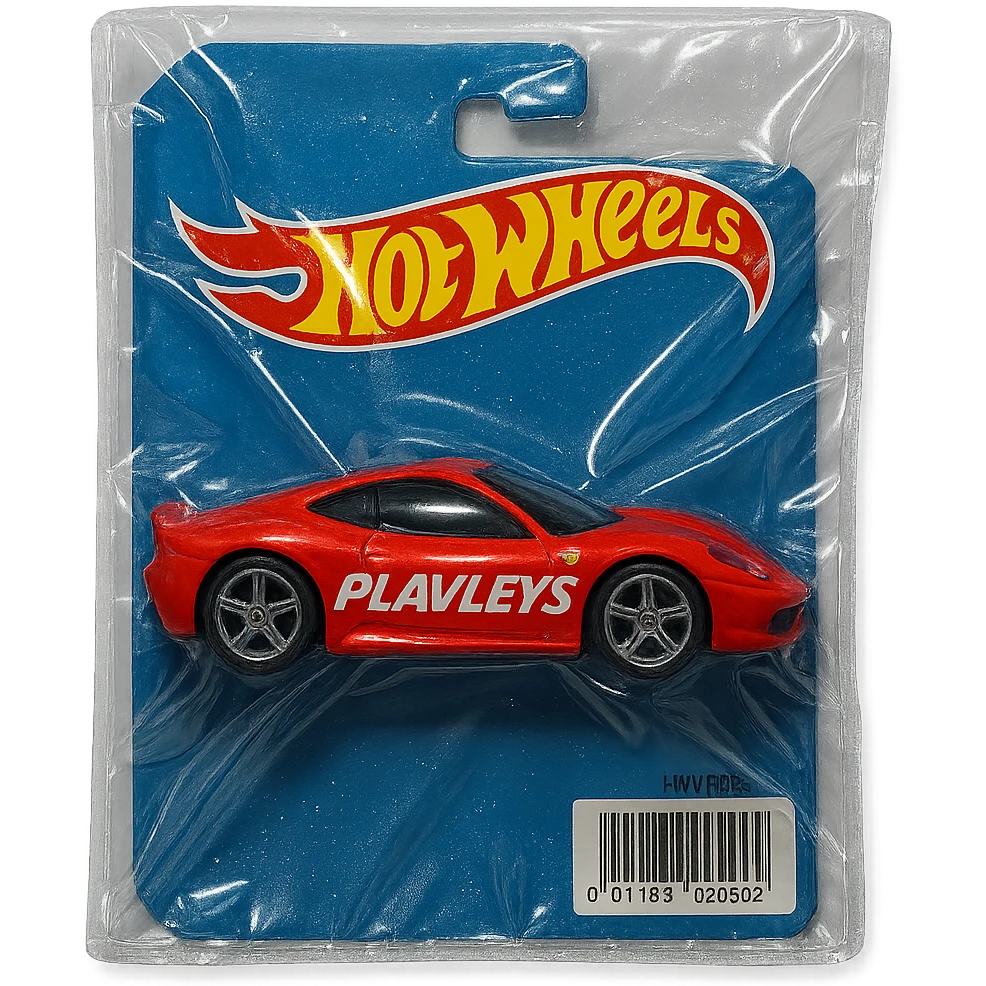 Hot Wheels blister pack with red Ferrari, 'PLAVLEYS' in bold slanted racing letters on the car, shiny and inflated vacuum-sealed style emoji