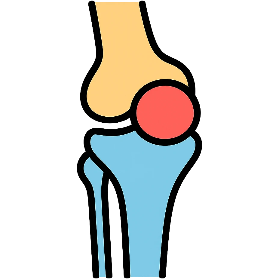 anatomical illustration of human knee joint bones showing femur, tibia, fibula and patella emoji