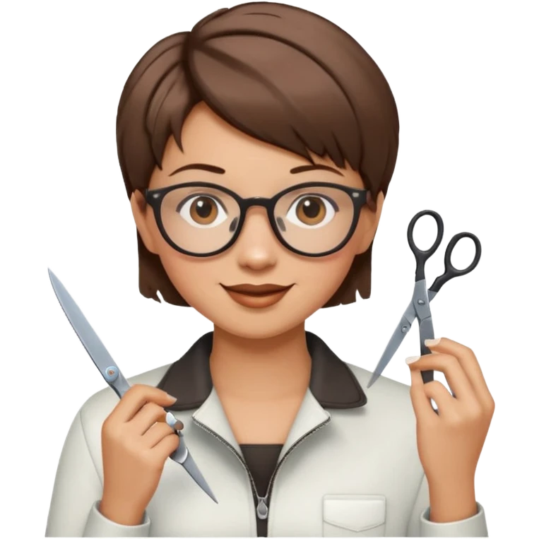 Happy woman with very short hair and glasses having haircut  with scissorsemoji emoji
