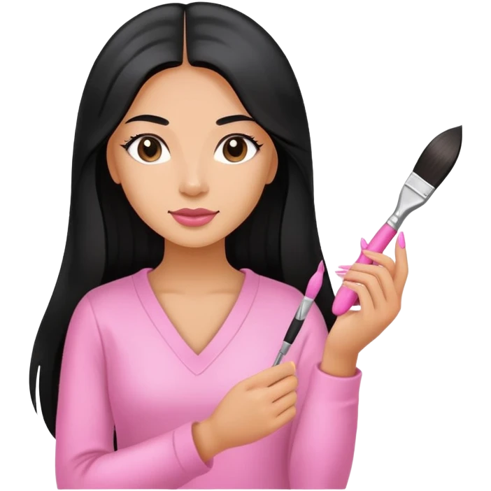 Pink Nail Tech with black long hair holding small acrylic brush emoji