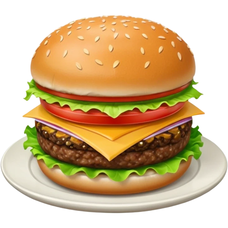 Draw a hamburger on a plate using a front camera with a 10-degree angle from the ground, ensuring the object remains stationary without rotation or tilt. emoji