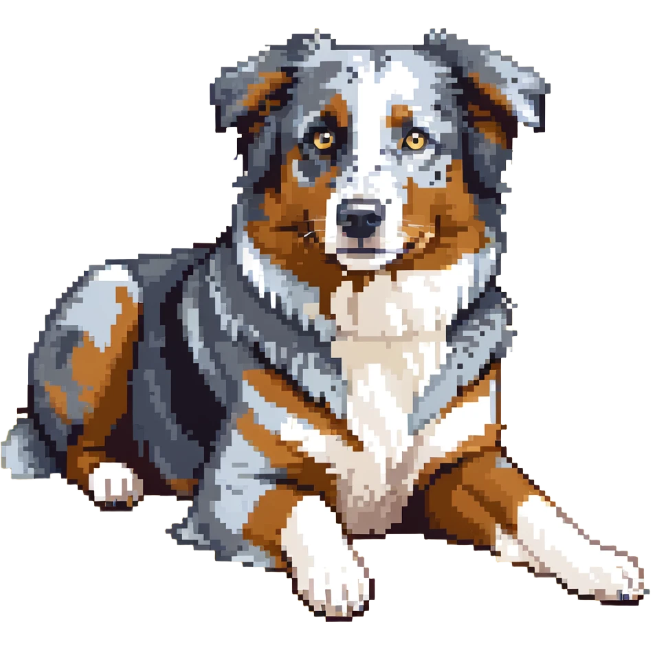 Merle Australian Shepherd dog laying down, blue merle coat, relaxed emoji