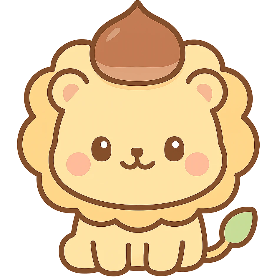 kawaii lion with a chestnut as a hat, round and chubby face, soft color palette, chibi style, warm friendly smile emoji