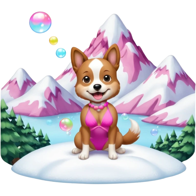 dog wearing a bikini blowing bubbles on a snowy moutian  emoji