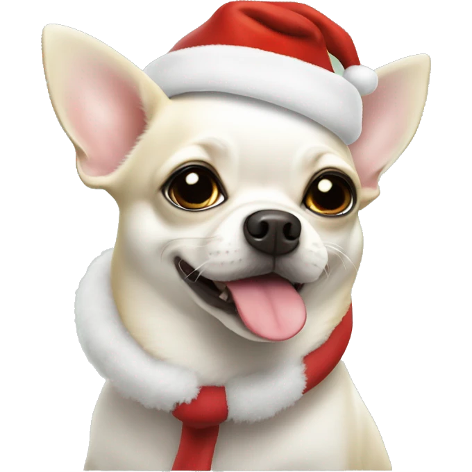 fat white chihuahua with Santa’s hat emoji