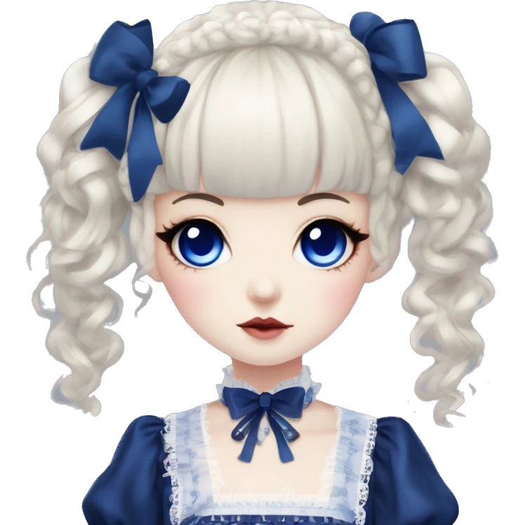 Japanese pale woman with dark blue curly pigtails and bangs, royal blue lips and eyeshadow, long eyelashes, blue eyes, black Lolita dress with laces and ribbons, gothic Lolita doll look emoji