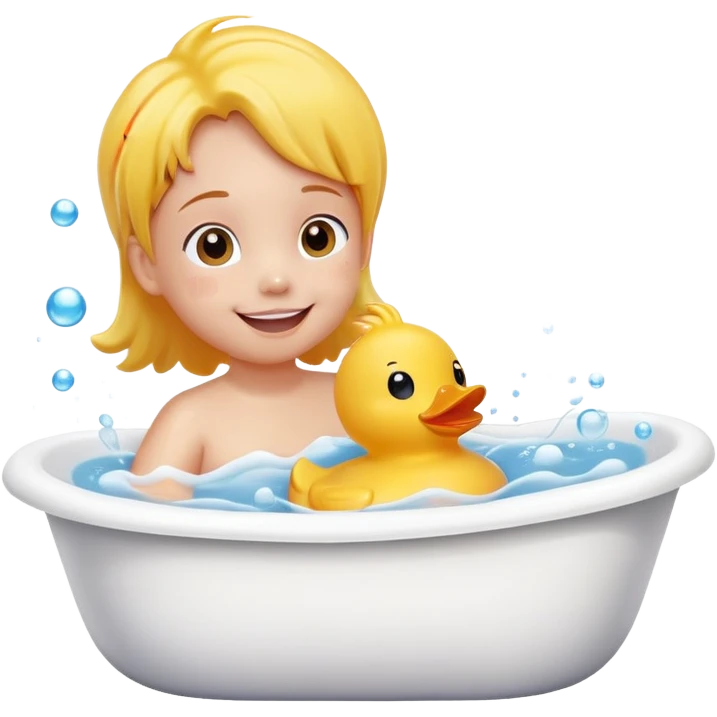child splashing in a bathtub with rubber duck and bubbles, happy face emoji
