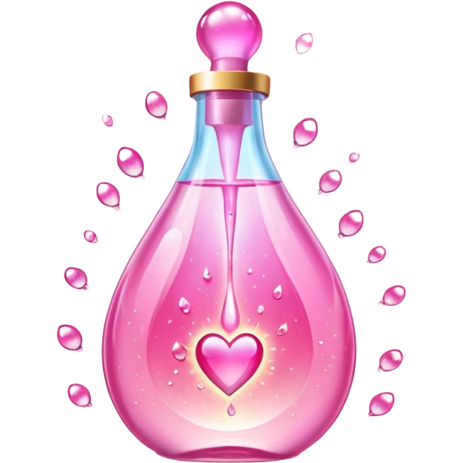 Pink teardrop-shaped glass bottle with rounded pump, glowing with iridescent light. Surrounded by sparkling dew drops, soft heart-shaped flares, and floating. Emits a radiant pink aura that glows like sunrise on skin. Feels like a glamour spell bottled into a juicy, glossy emoji flask. emoji