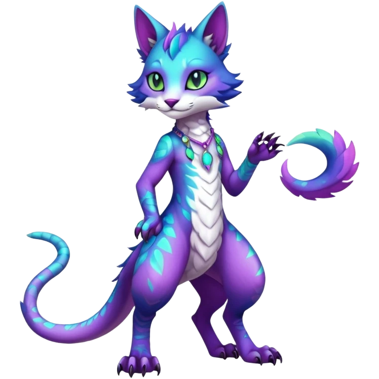 Kawaii iridescent beautiful pretty elegant divine edgy fantasy feline-vernid-sergal-fursona-animal-creature with accessories, full body with intricate markings  emoji