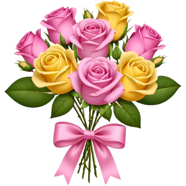 A bouquet of flowers, composed of pink and yellow roses, four blooms in total, tied with ribbon. emoji