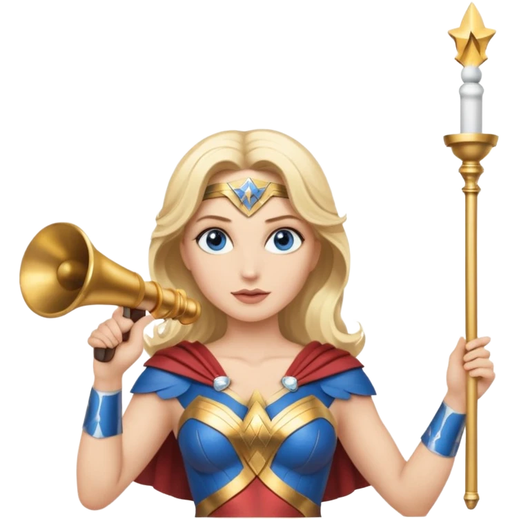 Blonde blue eyed Wonder Woman holding white orchestra conductor’s baton and bell emoji