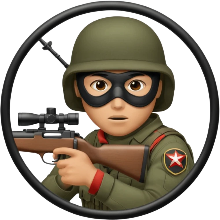 Close-up of a masked army soldier looking through the crosshair of his rifle  as seen from the side as he takes aim emoji