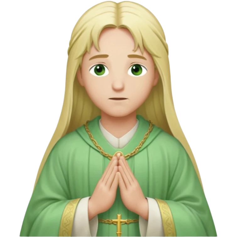 a young bishop, green eyes, long blonde hair, light green wide, flowing outer robe. hands clasped together, eyes closed. Soft light, subtle fern. Waist-up, profile. emoji