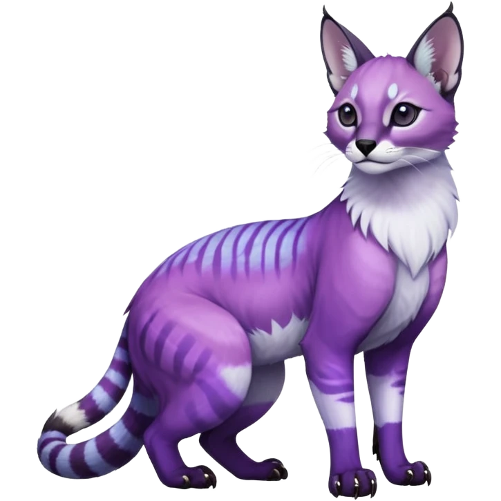 Colorful dark tropical pastel-purple-violet iridescent pastel white glorious divine exotic cute cool beautiful shiny beautiful fantasy-caracal-civet-genet-sergal-vernid-Gryphon-Cacomistle-Trico-oncilla-animal-Fakémon-hybrid-fursona (full body) emoji