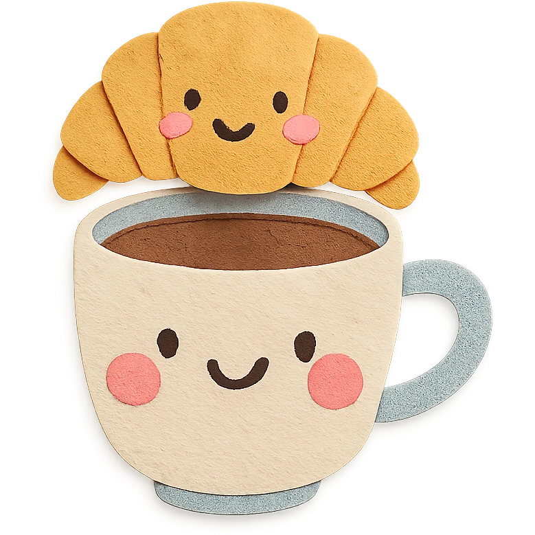 coffee cup with croissant character, blushing cheeks, soft pastel hand-drawn style, transparent background emoji