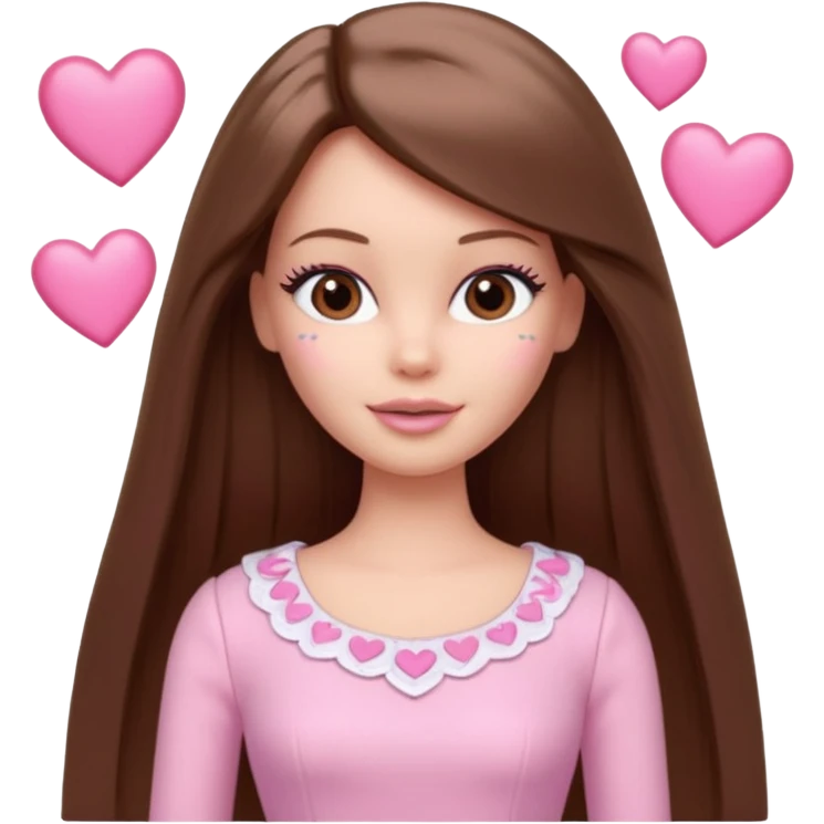 Barbie girl and  makeup , brown long straight hair and brown eyes is In pale pink clothes There are pink hearts all around emoji