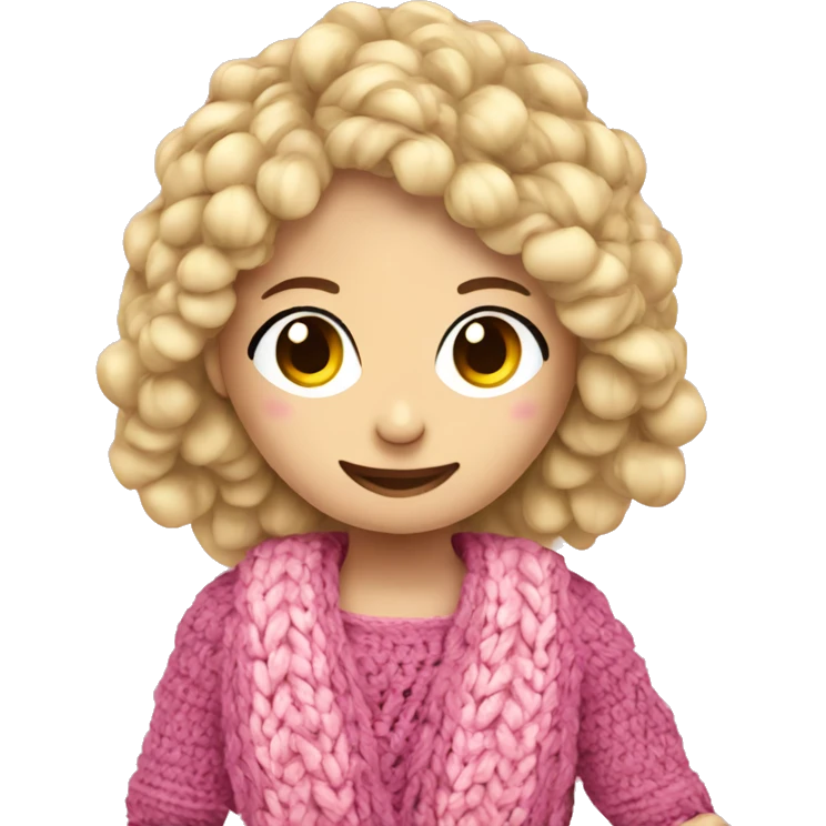 Blonde girl crocheting with yarn pink balls emoji