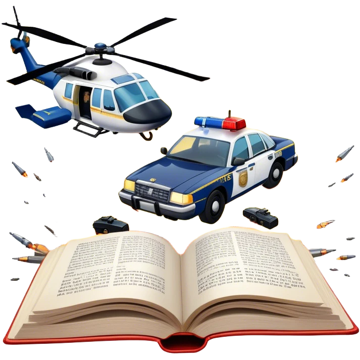 Icon for Action & Crime Reading: an open large book with text on the pages, a police car is driving out, with explosions behind, a helicopter flying above, a pistol with bullets in the front. The icon should capture the thrilling action and suspense of crime stories. Transparent background. emoji