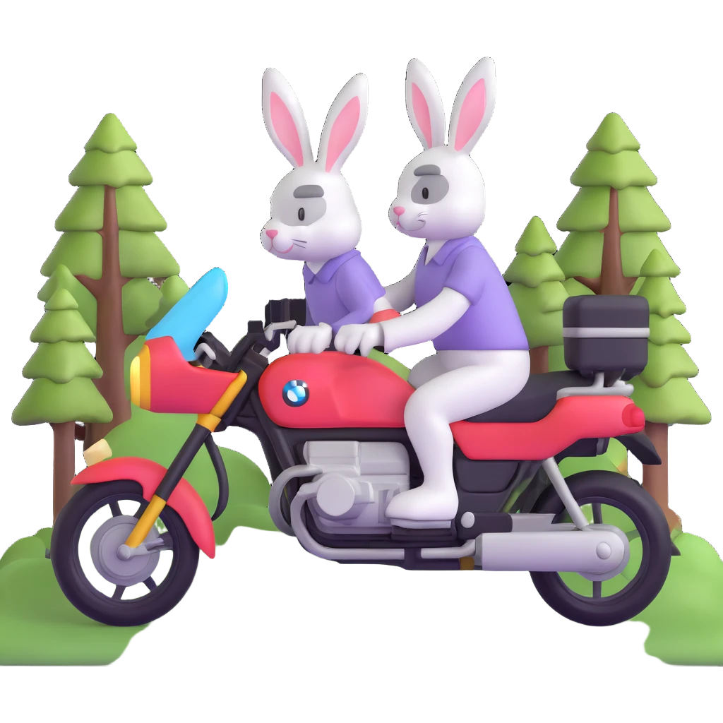 Easter bunny riding a BMW boxer motorcycle with trees and grass in the background emoji
