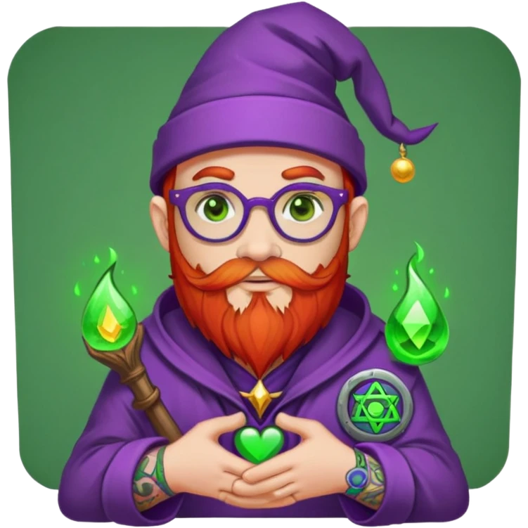Cartoon DevOps wizard with red beard, no glasses, "I ❤️ YAML" shirt, purple hat, casting green magic. Grafana logo tattoos around eyes. GitOps patch on sleeve. Sticker style with clean outline, transparent background. emoji