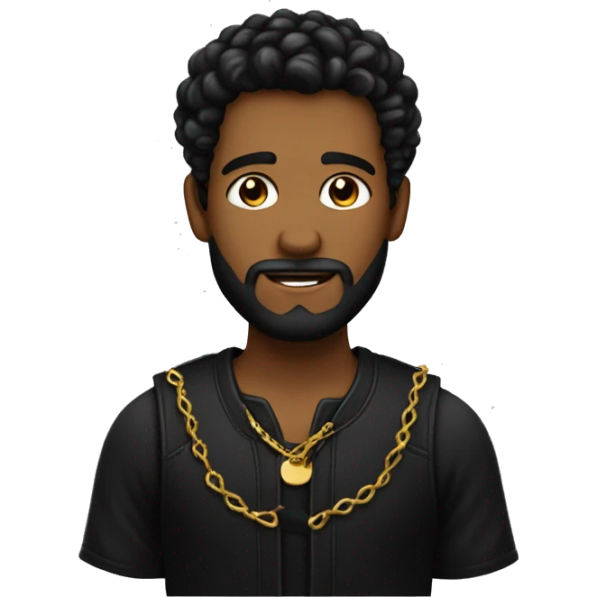hombre con pelo rizado corto negro, con piel mulata, barba larga tupida y rizada, con una cadena de oro. emoji