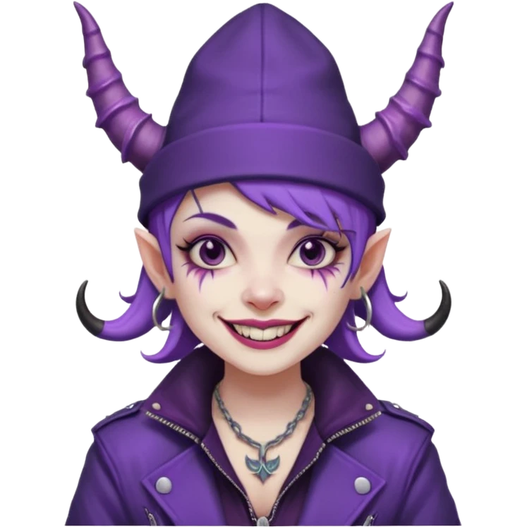 purple girl demon with tattoos, hat, jacket and horns emoji