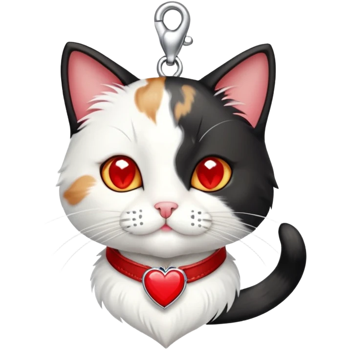 tuxedo cat with red leash and heart pendant, white fur only on mouth, small diamond spot above nose emoji